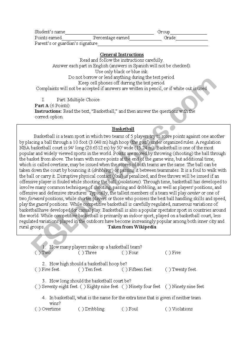 Hobbies and Sports Test worksheet