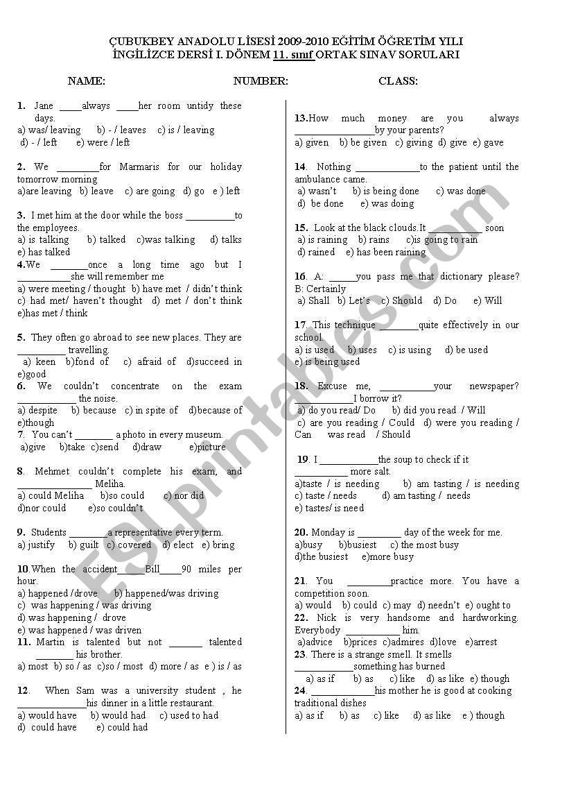 11th English 3rd Exam worksheet