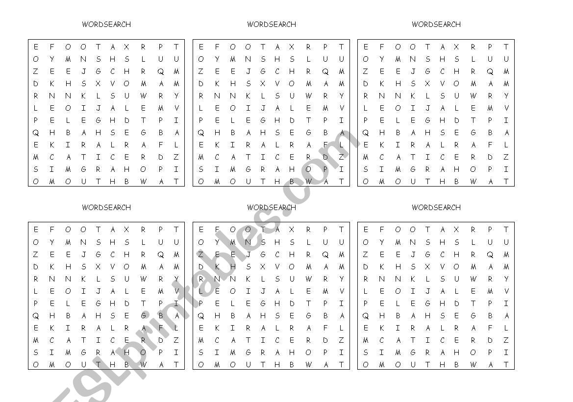 Parts of the Body Wordsearch worksheet