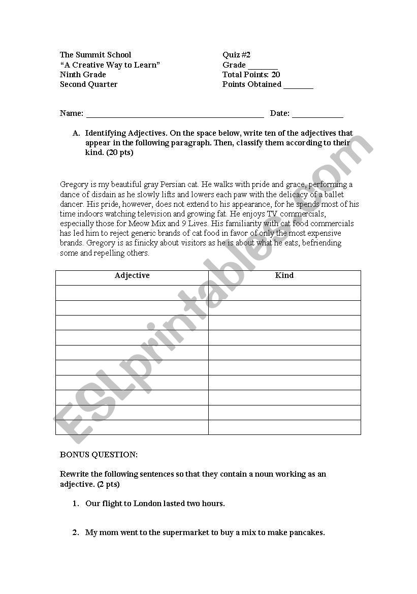 Quiz on adjectives worksheet