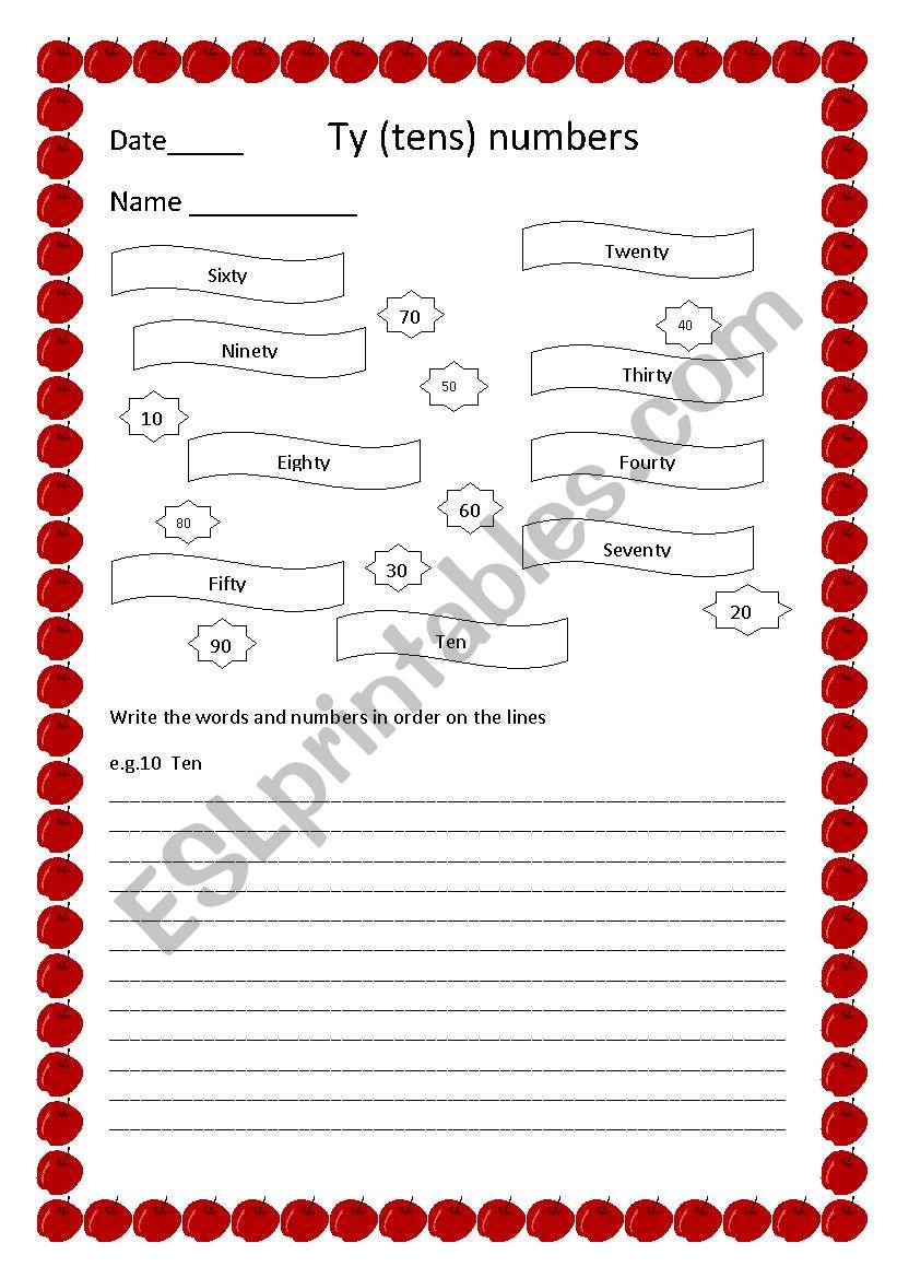 English Worksheets Ty tens Tidy Numbers