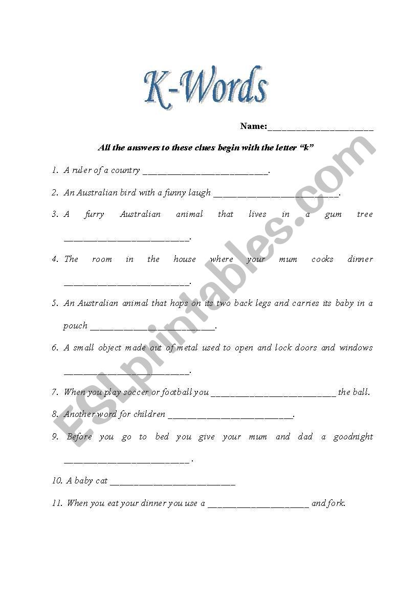 Words Beginning with k worksheet