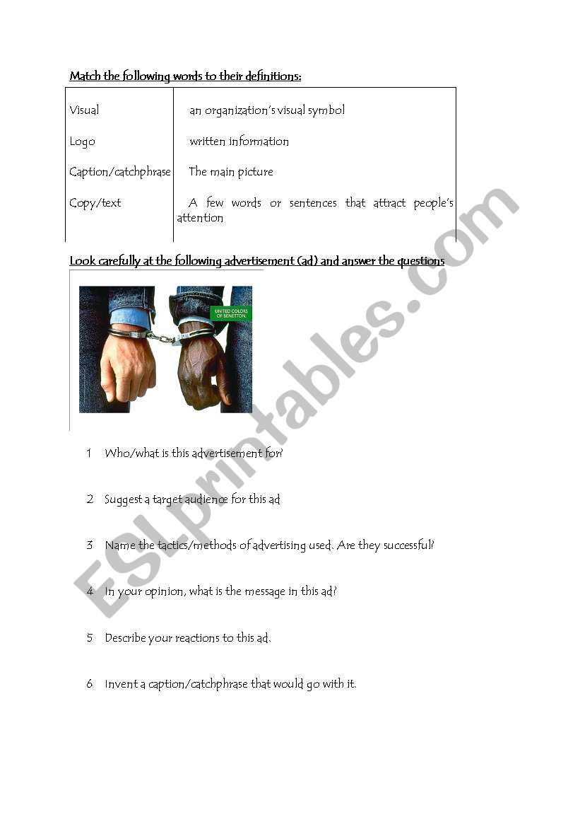 Worksheet for analysing an ad worksheet