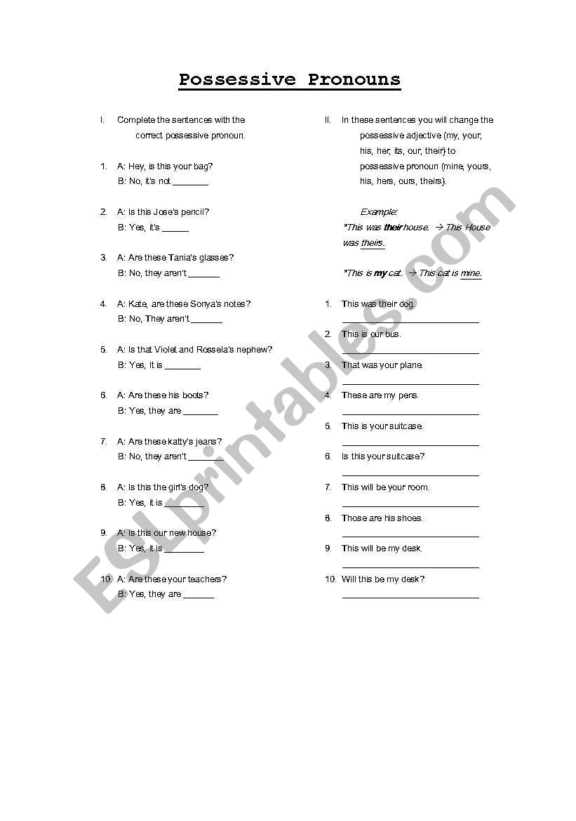 possessive pronouns worksheet