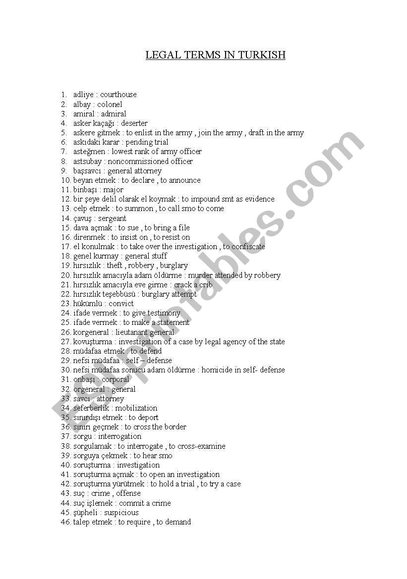 legal terms in turkish worksheet