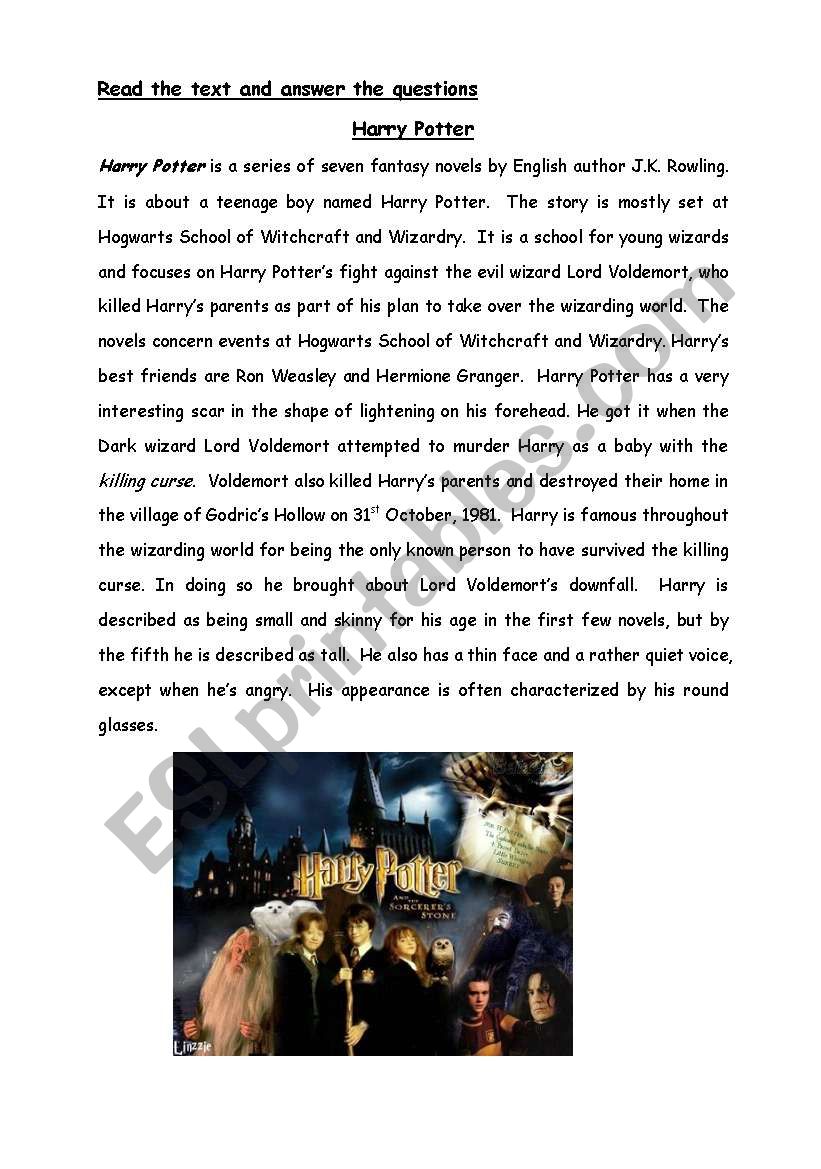 Harry Potter Reading Comprehension and activity