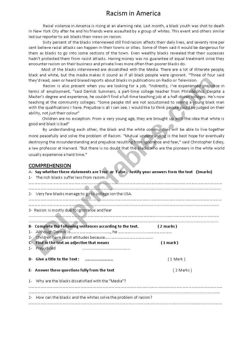 Racism in America worksheet