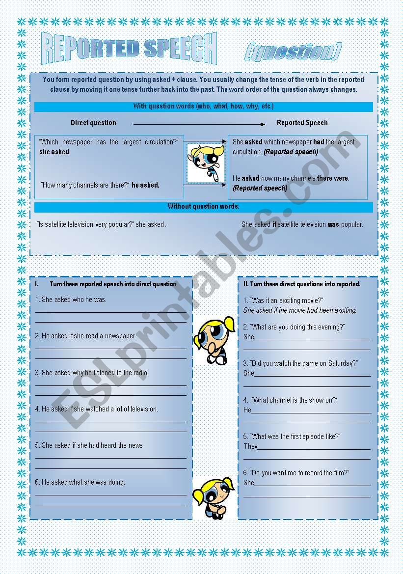 Reported Speech Questions worksheet