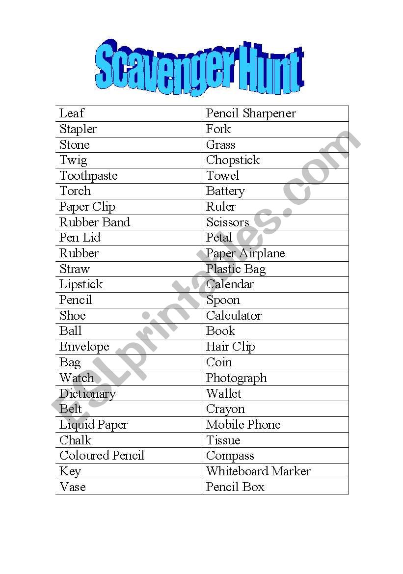 Scavenger Hunt worksheet