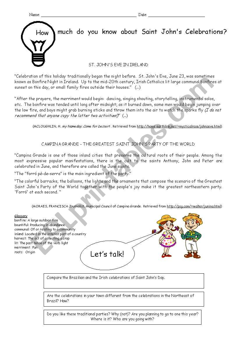 Saint Johns celebrations worksheet