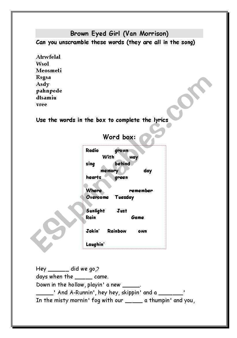 brown eyed girl worksheet