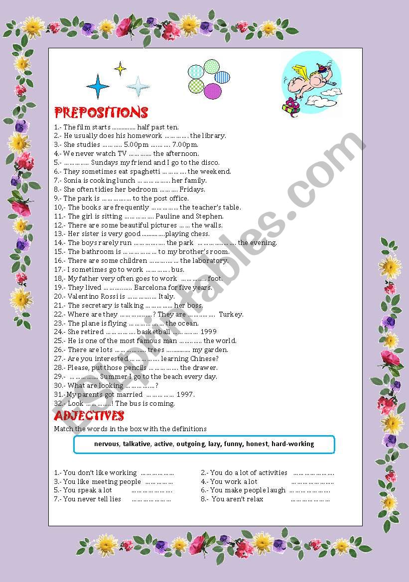 PREPOSITIONS AND ADJECTIVES worksheet
