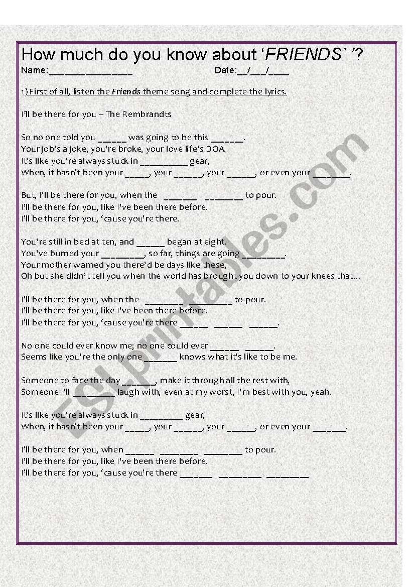 Friends sitcom worksheet worksheet