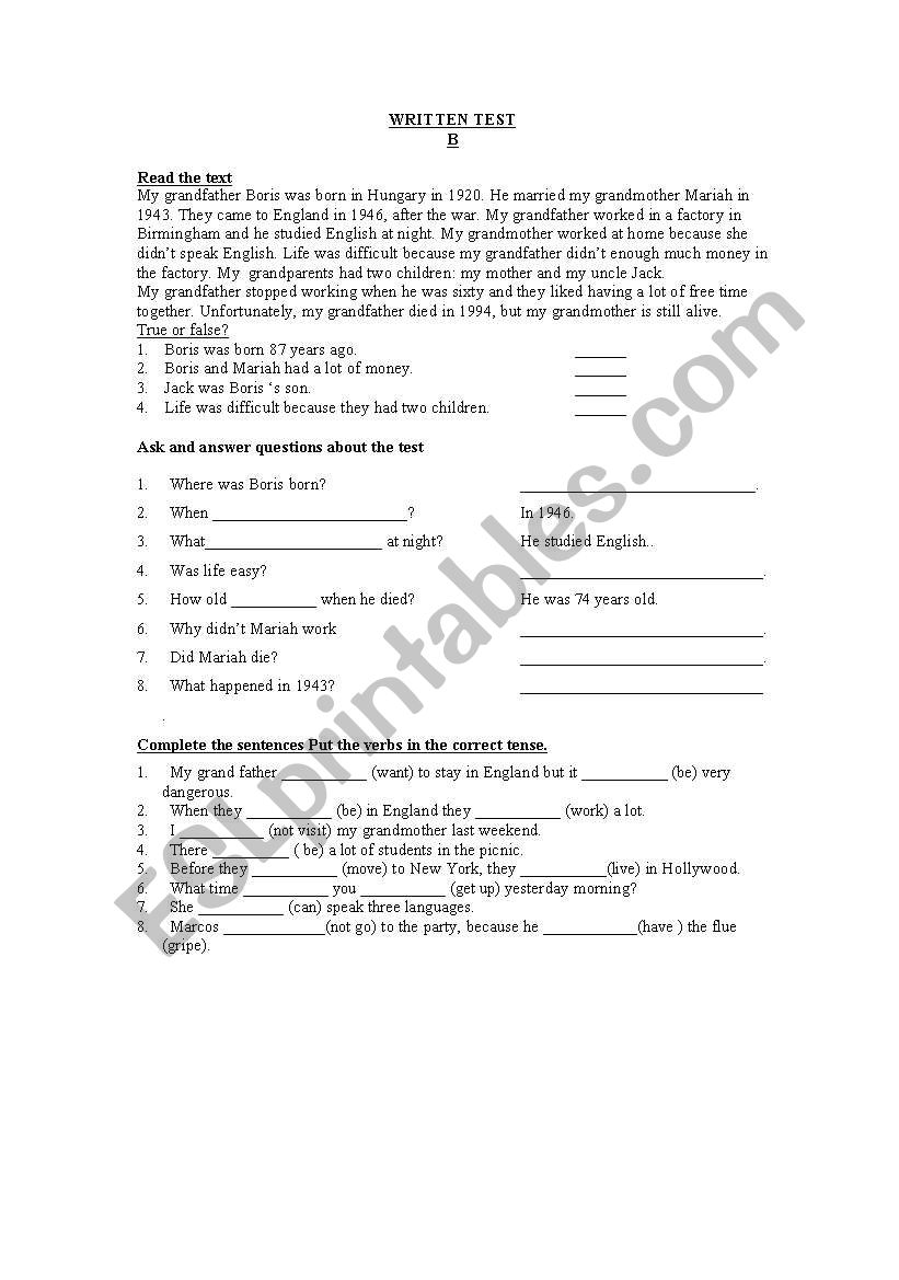 past tense worksheet