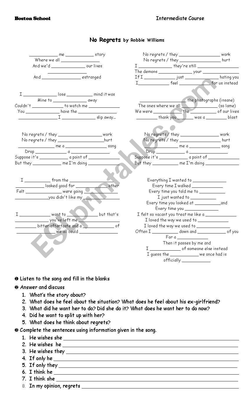 No regrets - Song worksheet