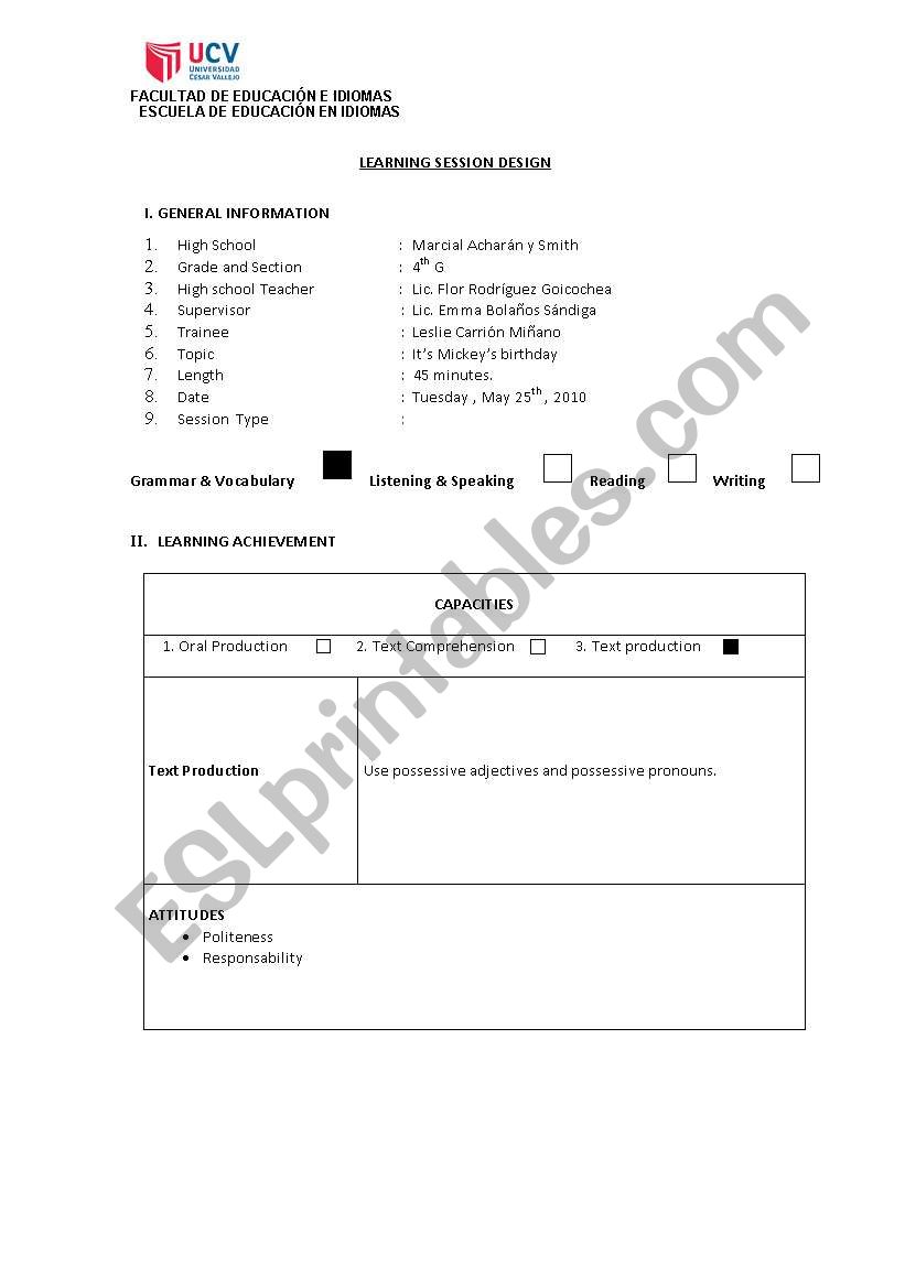 LESSON PLAN - POSSESSIVE ADJECTIVES AND POSSESSIVE PRONOUNS