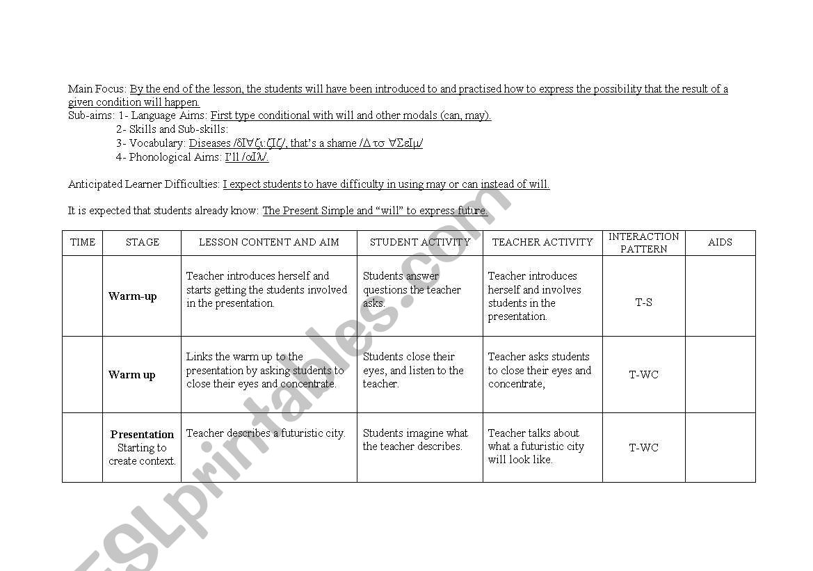 lesson plan first conditional worksheet