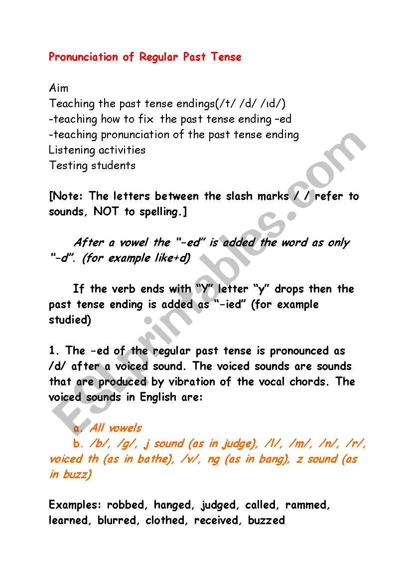 /t/ /d /id/ past tense endings - Pronunciation Lesson Plan with activity