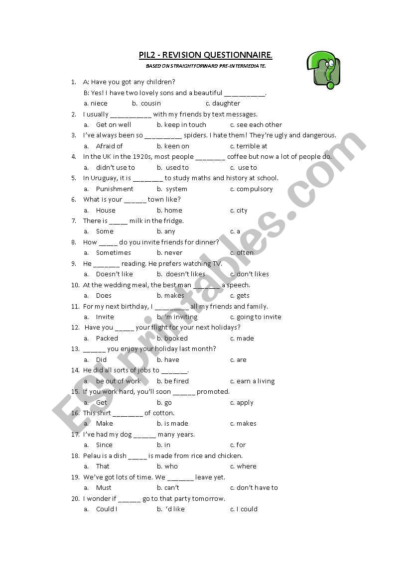 Revision questionnaire worksheet