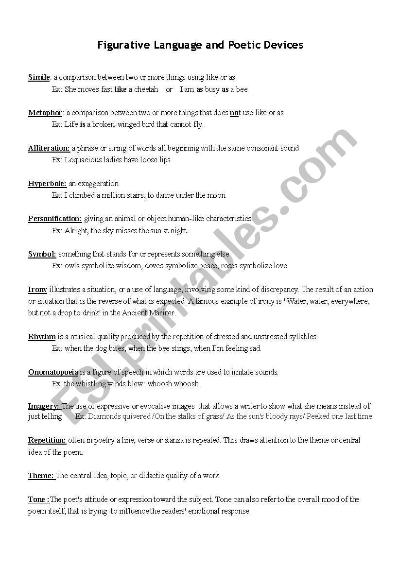 Figurative Language and Poetic Device - ESL worksheet by jvazquez21 With Regard To Literary Devices Worksheet Pdf