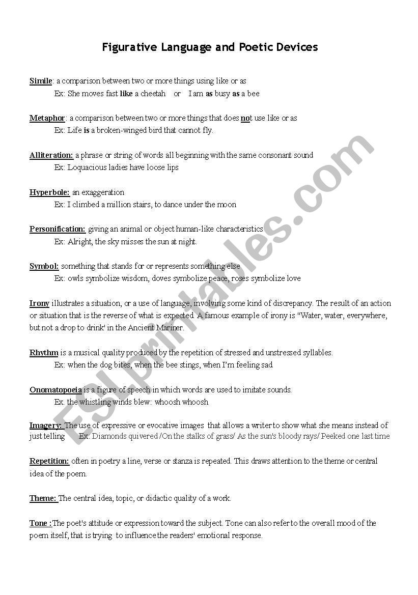 Figurative Language and Poetic Device - ESL worksheet by jvazquez10 Within Sound Devices In Poetry Worksheet