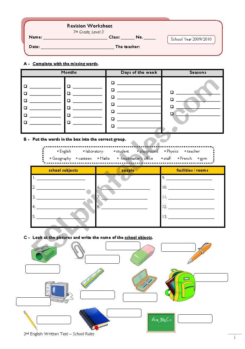 Revision Worksheet (school, days of the week, seasons, months + grammar - expressing likes and dislikes, present continuous, modal verbs can/ cant)