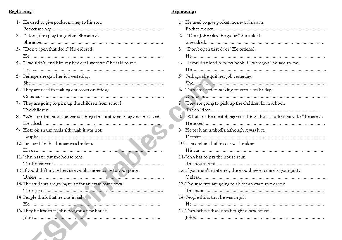 Rephrasing for BAC students worksheet