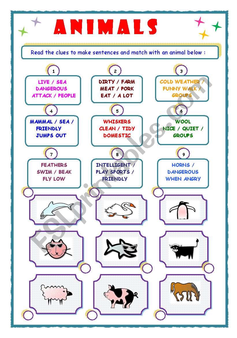 Animals - describe and match worksheet