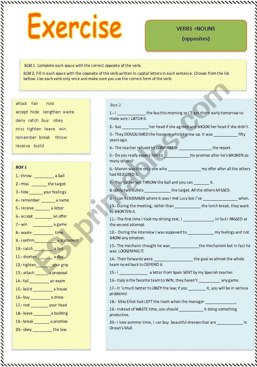 VERB + NOUN (opposites) worksheet