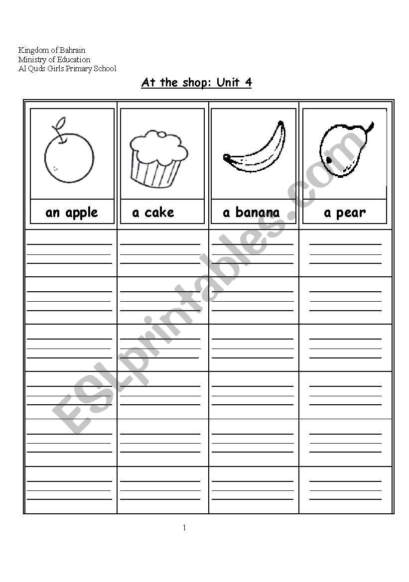 food copy sheet worksheet