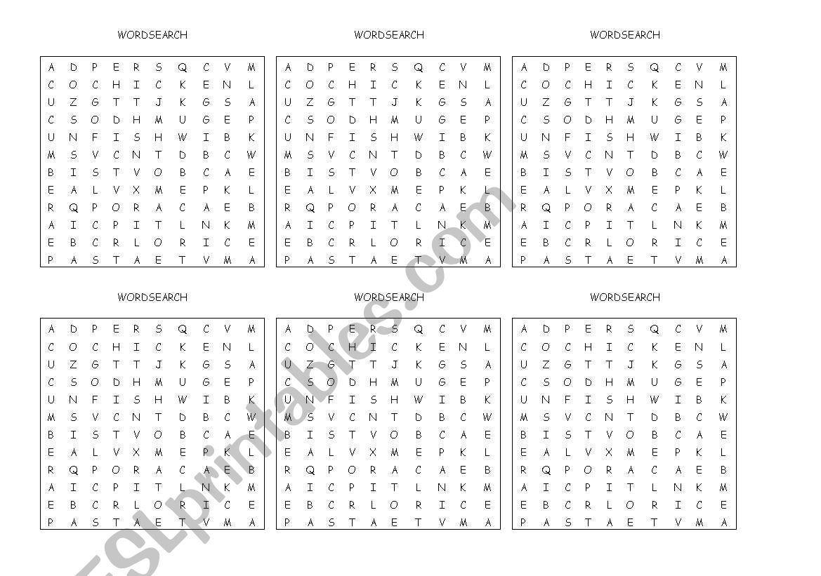 Wordsearch - Basic Food Vocabulary