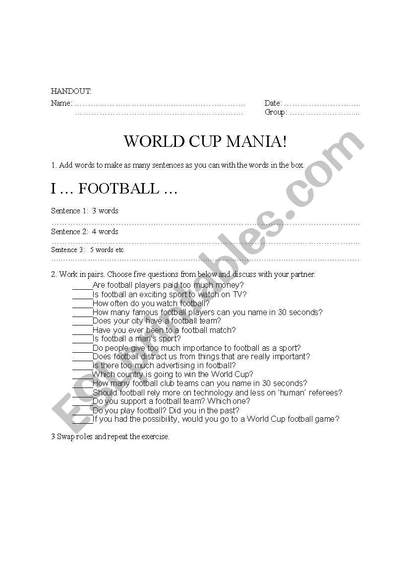 World Cup Mania worksheet