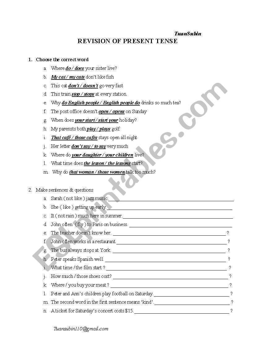 present tense worksheet