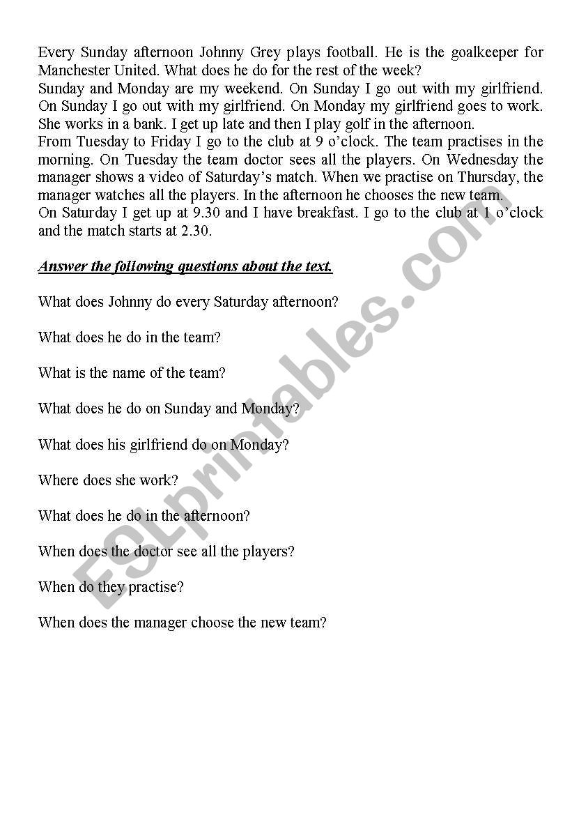 Johnny the football player. worksheet