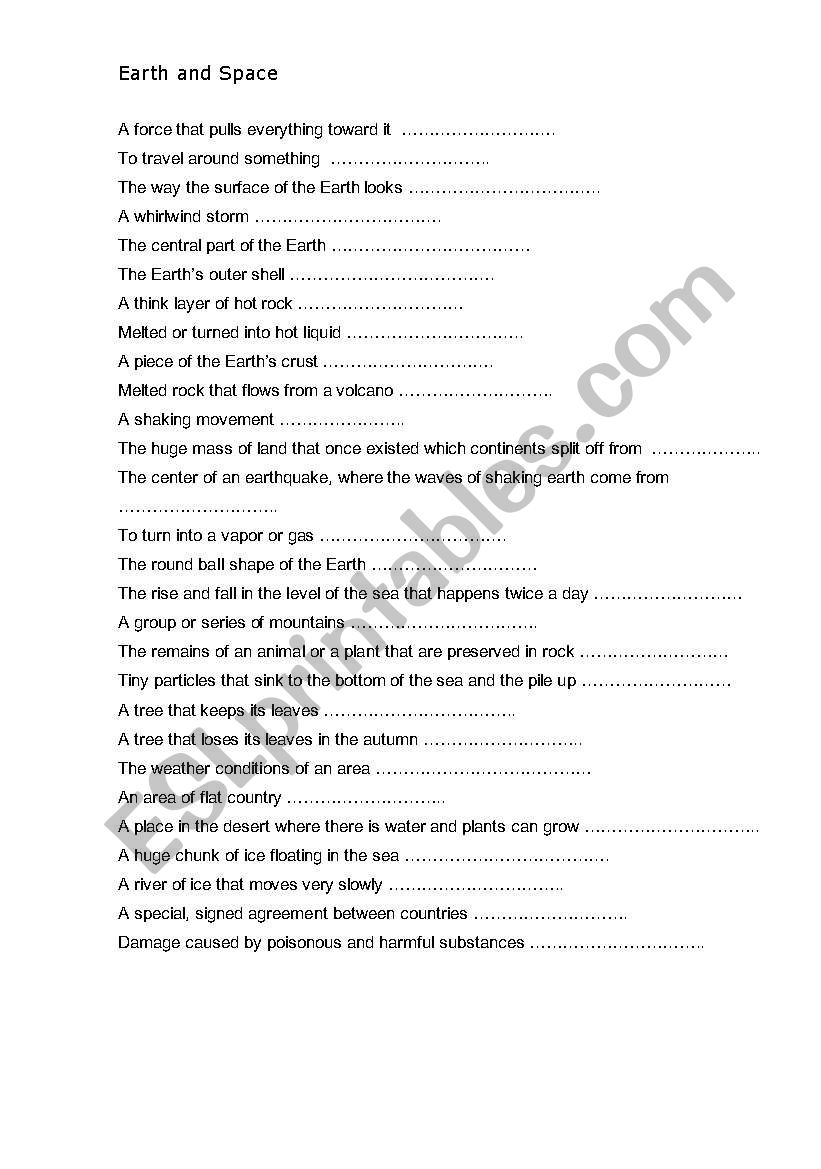 Earth and Science worksheet