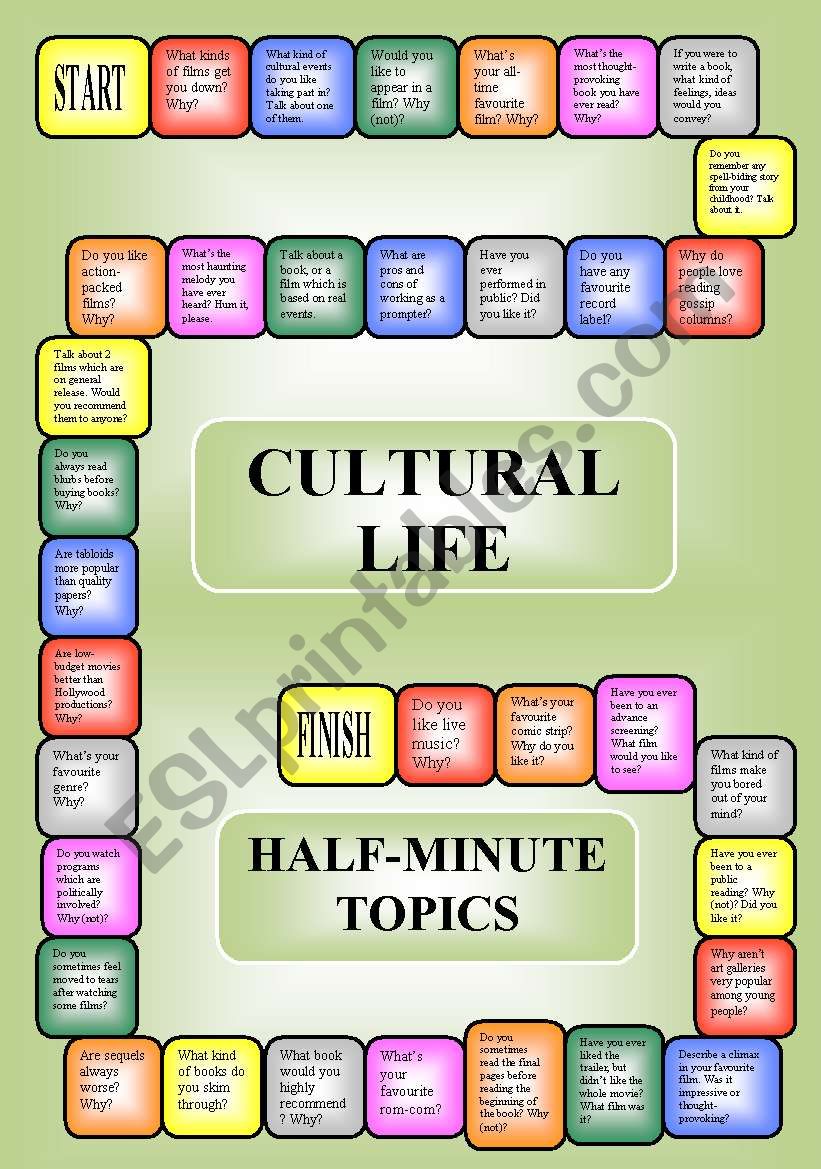 Cultural life - a boardgame or pairwork (34 questions for discussion)