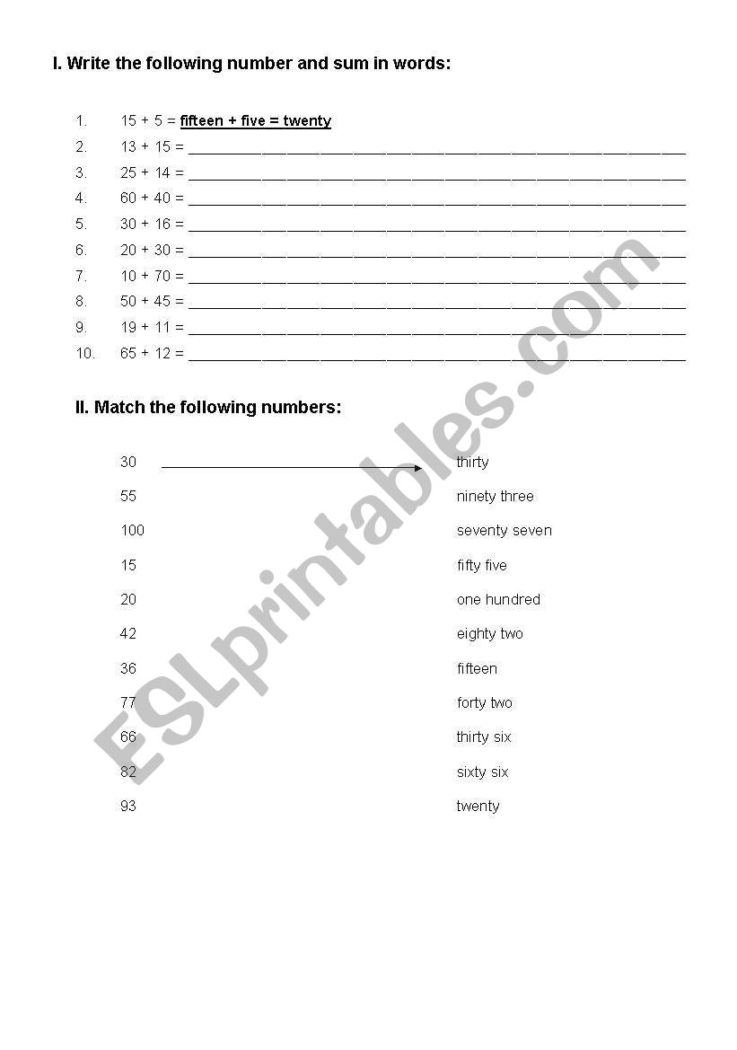 Numbers in words worksheet