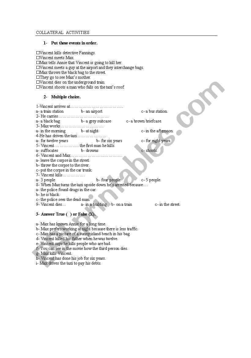 Collateral Movie Activities worksheet