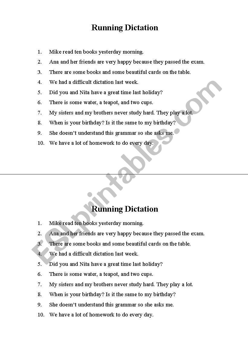 Running dictation worksheet