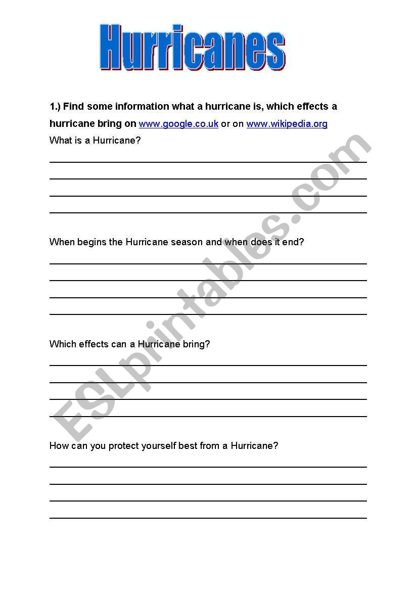 Hurricanes worksheet