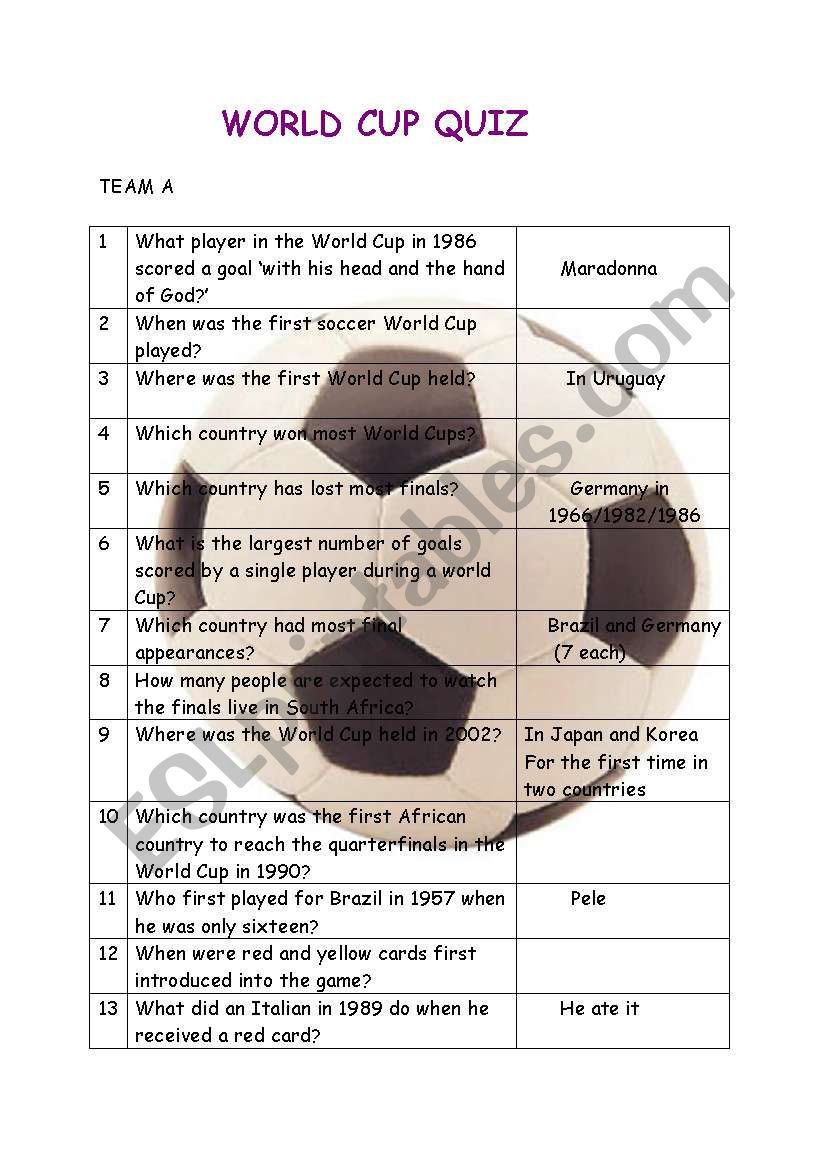 world cup quiz  ESL worksheet by nurja