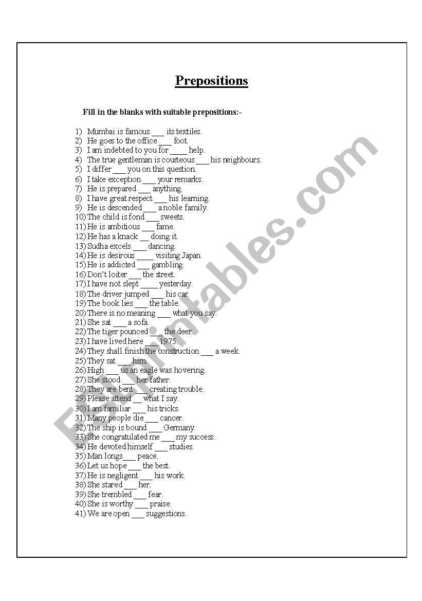 Preposition worksheet