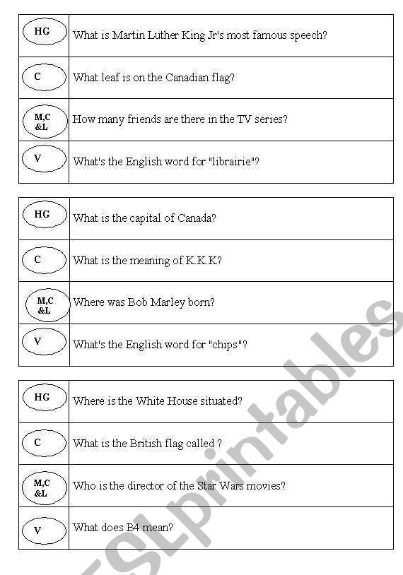 Trivia game worksheet