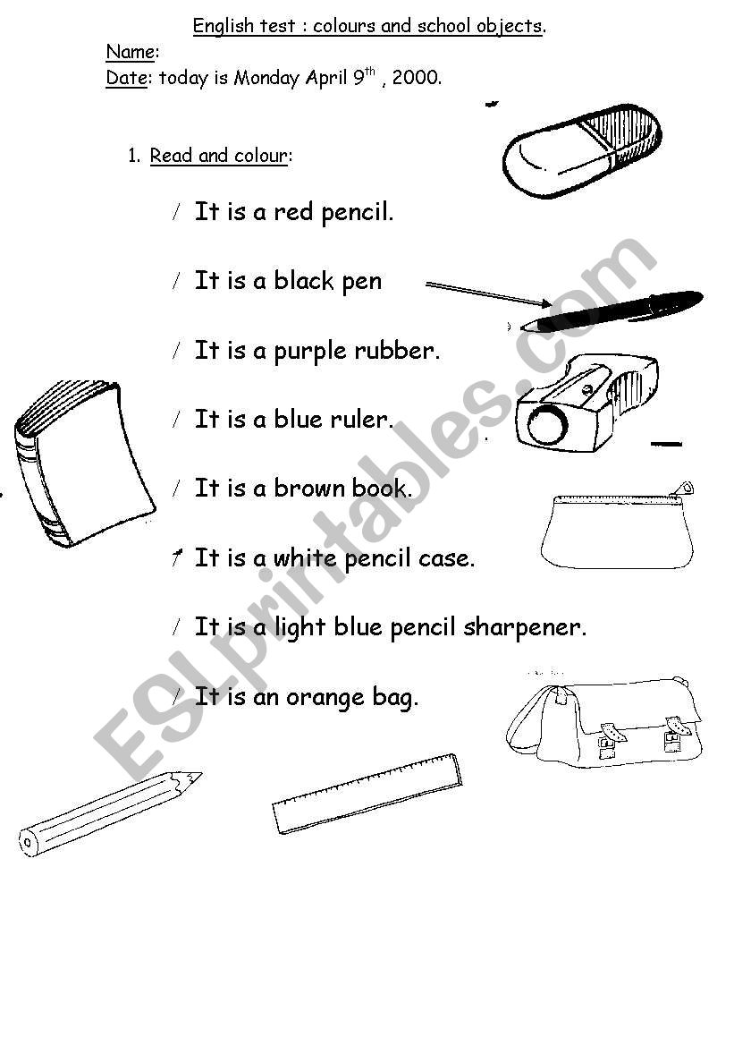 schools objects test worksheet