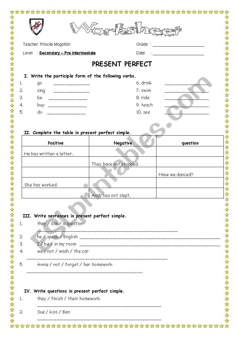 present perfect worksheet