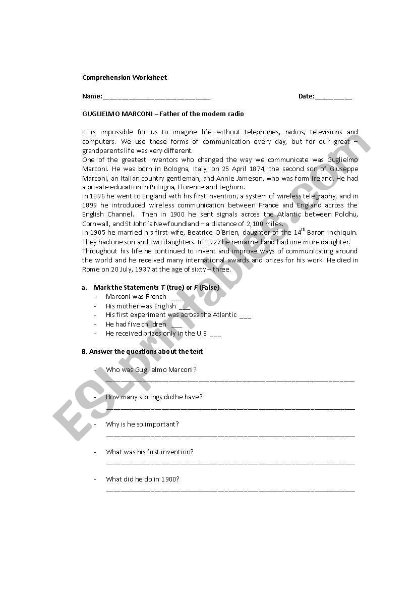 Comprehension worksheet worksheet