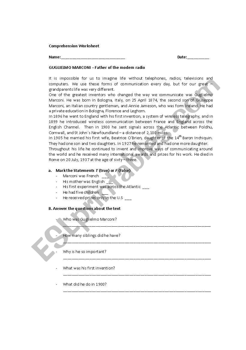 Comprehension worksheet worksheet