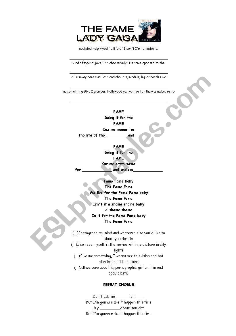 The Fame - Lady Gaga worksheet