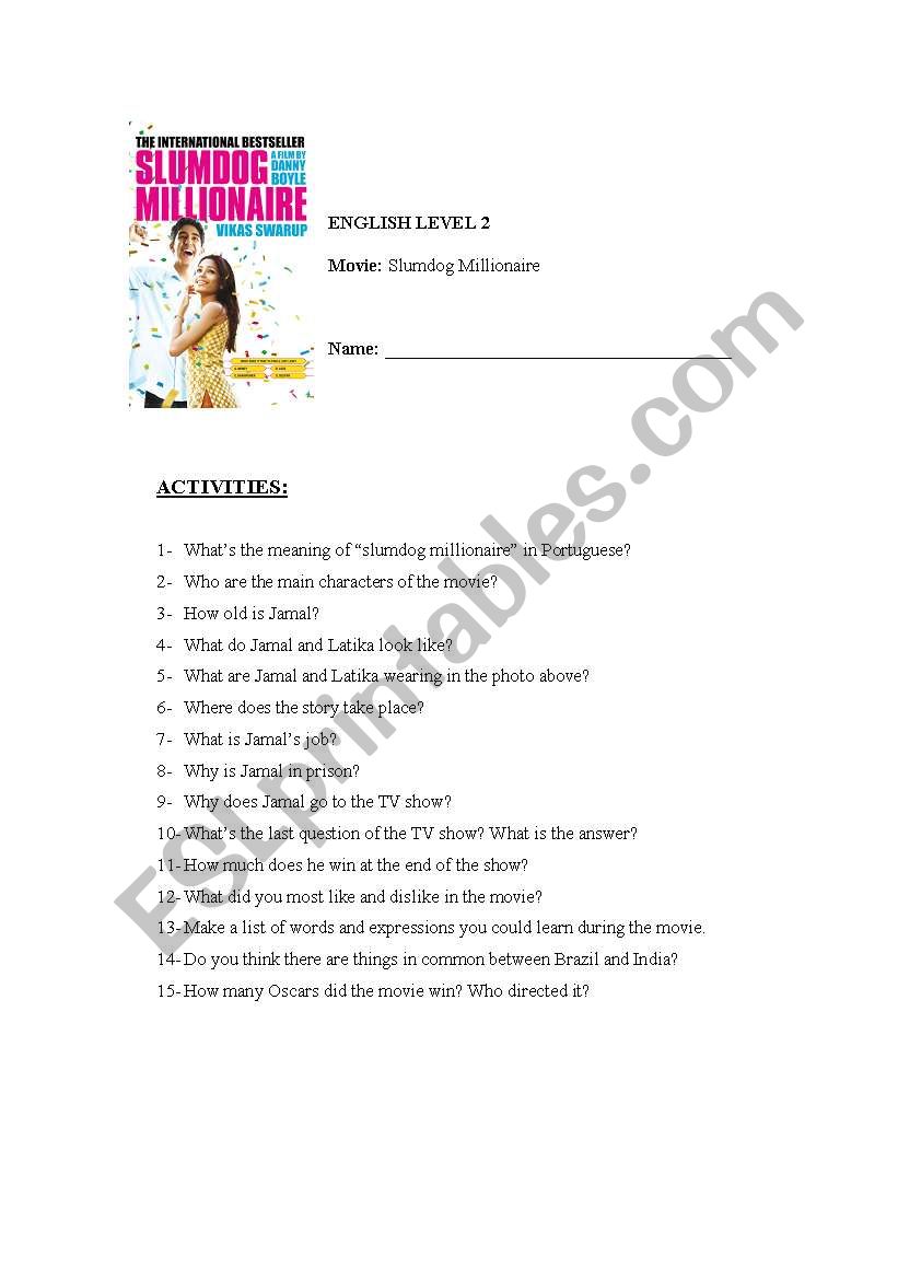 Slumdog Millionaire worksheet