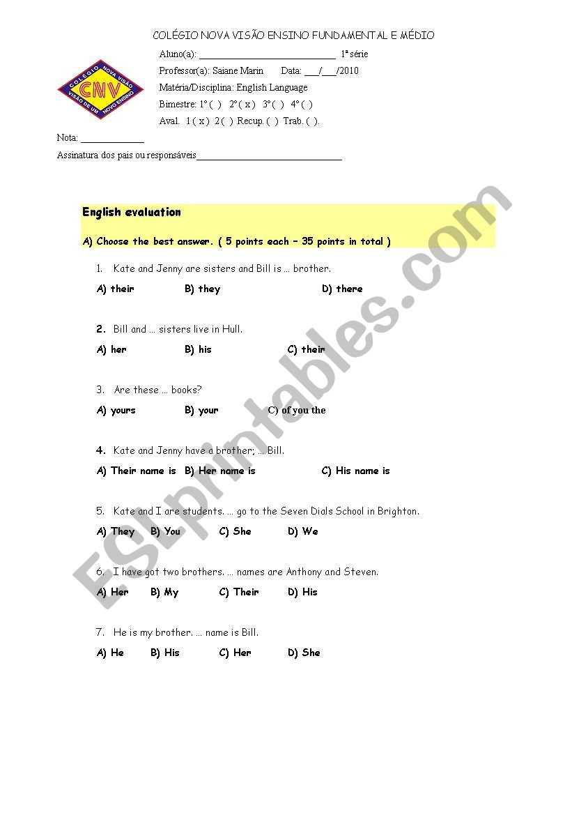 Test- pronouns worksheet
